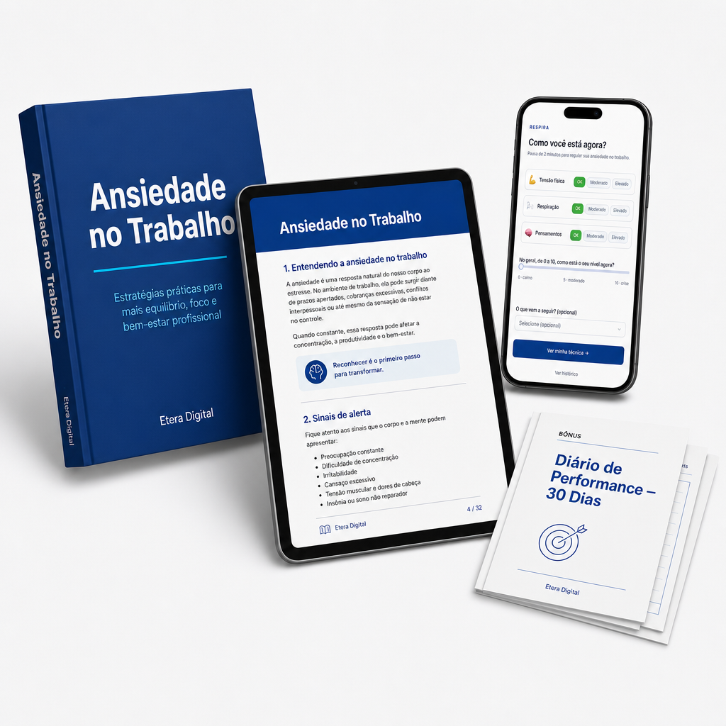 Ebook Ansiedade no Trabalho — acesso no tablet, celular, bônus inclusos